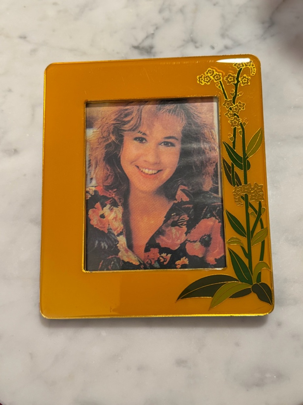 Vintage cloisonné on brass picture frame floral